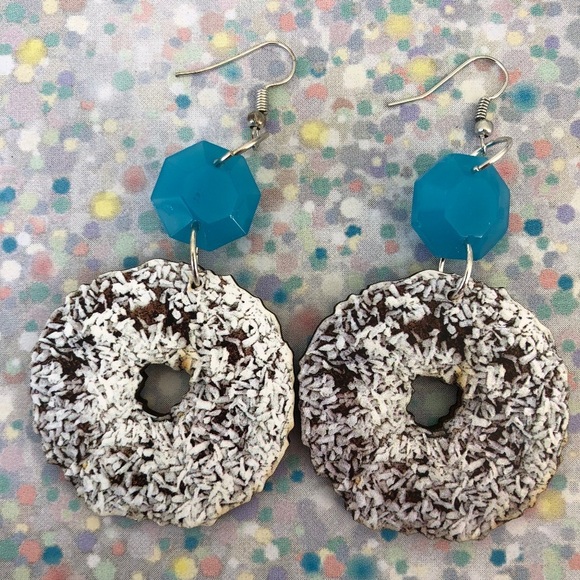 Vintage Donut image earrings turquoise crystal - Picture 2 of 2